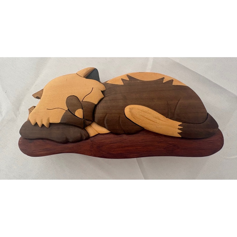 Vintage Intarsia Wood Sleeping Cat Puzzle Trinket Box Velvet Lined Handcrafted